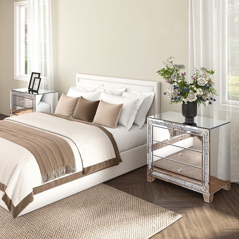 Glam Mirror Nightstand Bedside Table with 3 Drawer Chest