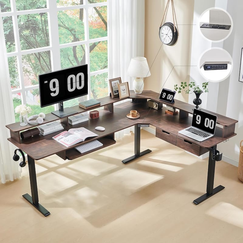 L Shaped Electric Standing Desk,Corner Gaming Desk w/ Charging Station - Dark Walnut