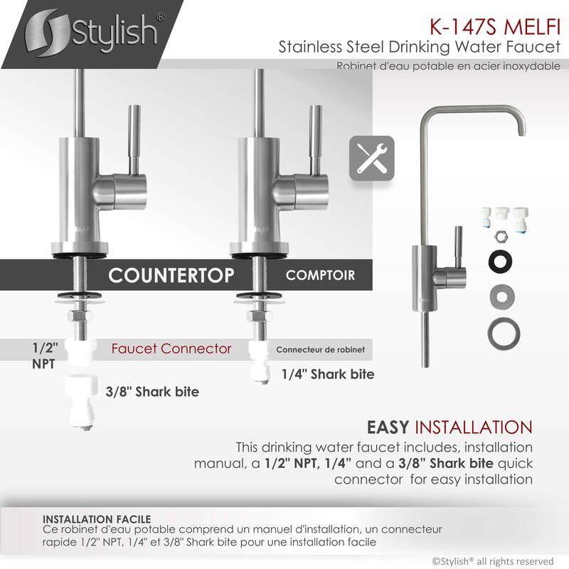 STYLISH Kitchen Sink Drinking Water Tap Faucet in Stainless Steel - Faucet Height: 10 1/2" | Spout Height: 9"