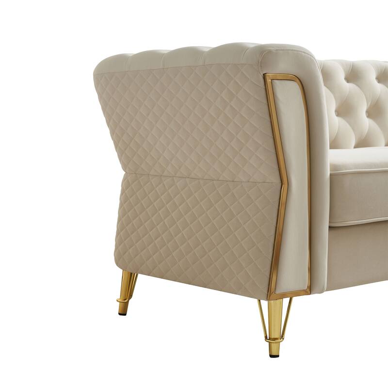 Mid-century Couch Velvet Upholstered Sofa with Button Tufted Backrest, Unique Armrest Design and Golden Metal Decor