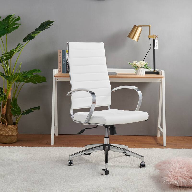 LUXMOD® Office Chair Faux Leather Silver Frame Adjustable and Swivel - White