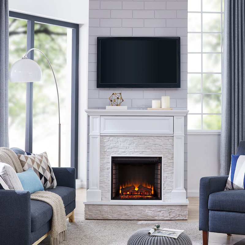 SEI Furniture Ashfield White Faux Stone Electric Fireplace with Storage