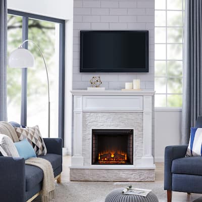 SEI Furniture Ashfield White Faux Stone Electric Fireplace with Storage