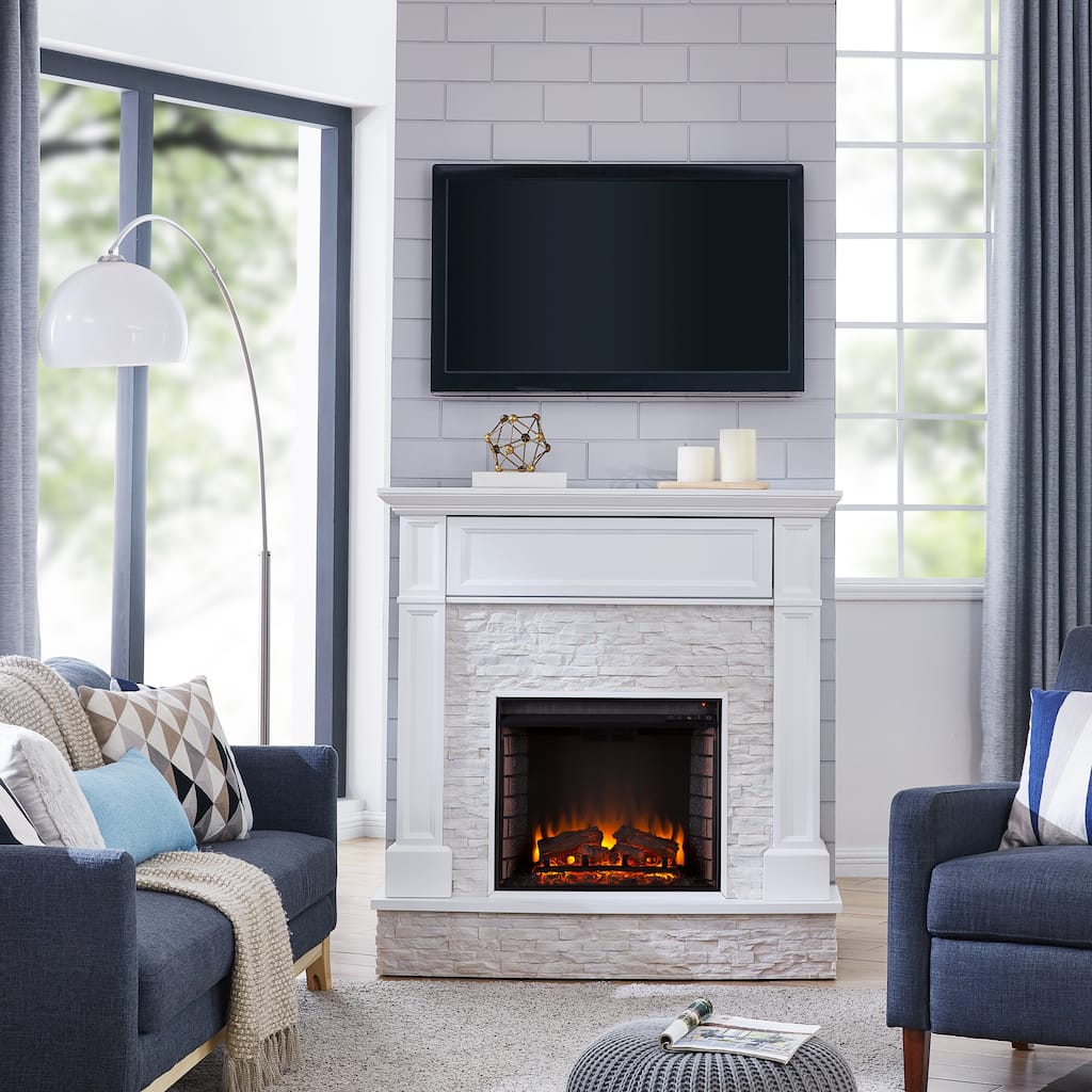 SEI Furniture Ashfield White Faux Stone Electric Fireplace with Storage