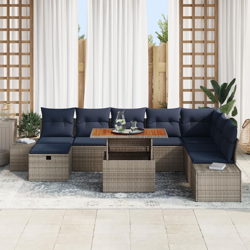 vidaXL 9 Garden Sofa Set with Cushions Black/Grey Poly Rattan - 125.6 x 82.3 x 27.2