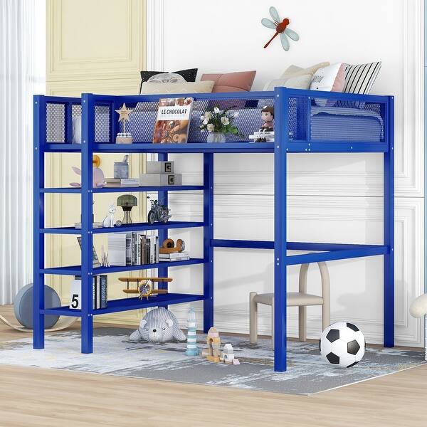 slide 2 of 9, Blue Modern Style Twin Size Multi-functional Loft Bed with 4-Tier Shelves, Workstation, and Storage, Sturdy Metal Frame Twin - Blue