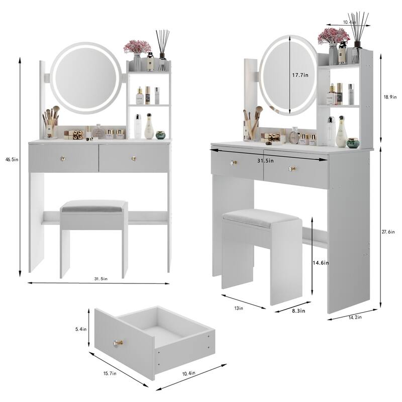 17" Round LED Mirror Vanity Table and Soft Cushion Stool Set