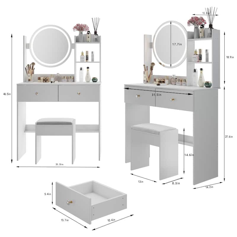 Round LED Mirror Vanity Table, Dressing Set with Cushioned Stool, Makeup Cabinet with Touch Mirror & Multi-layer Storage