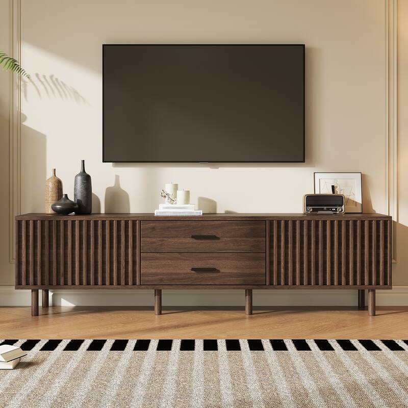 70inch Modern TV Stand for TVs up to 80 inches for Living Room, Media Entertainment Center with Ample Storage & Solid-Wood Legs - Dark Brown