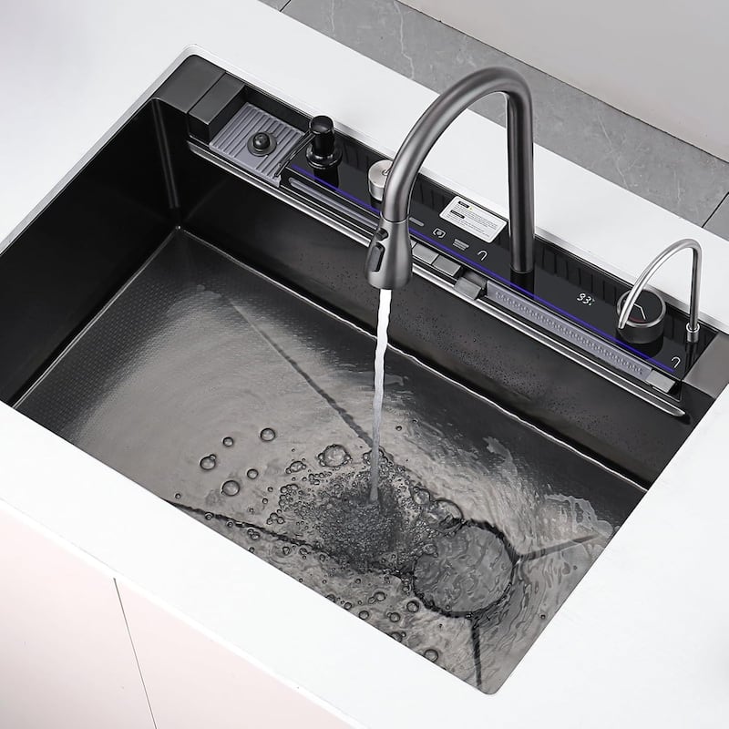 Lefton New 33"x22" Stainless Steel Waterfall Kitchen Sink with Temperature Display in Fahrenheit, Pull-down, KS2206L-PRO