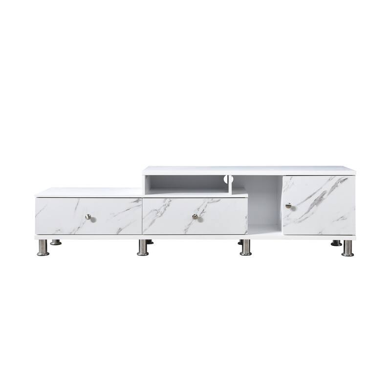 1pc Modern Sleek White Finish Faux Marble Accents Silver-tone Legs TV Stand Console Living Room Furniture - White