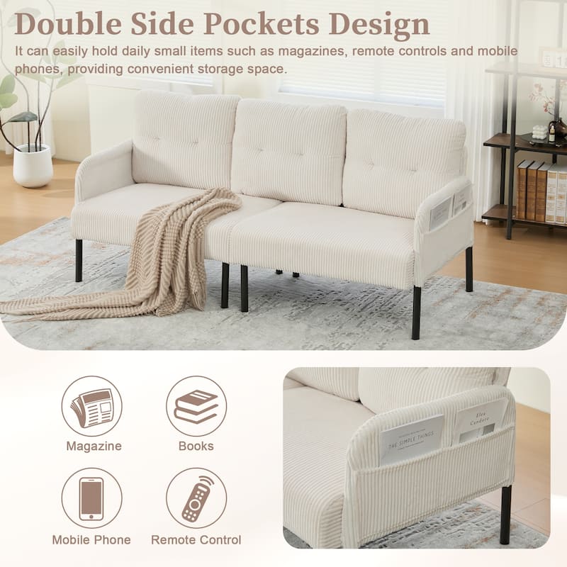 HOMEFUN Corduroy Upholstered Oversized Wood Frame Loveseat Sofa with Metal Legs and Side Pockets