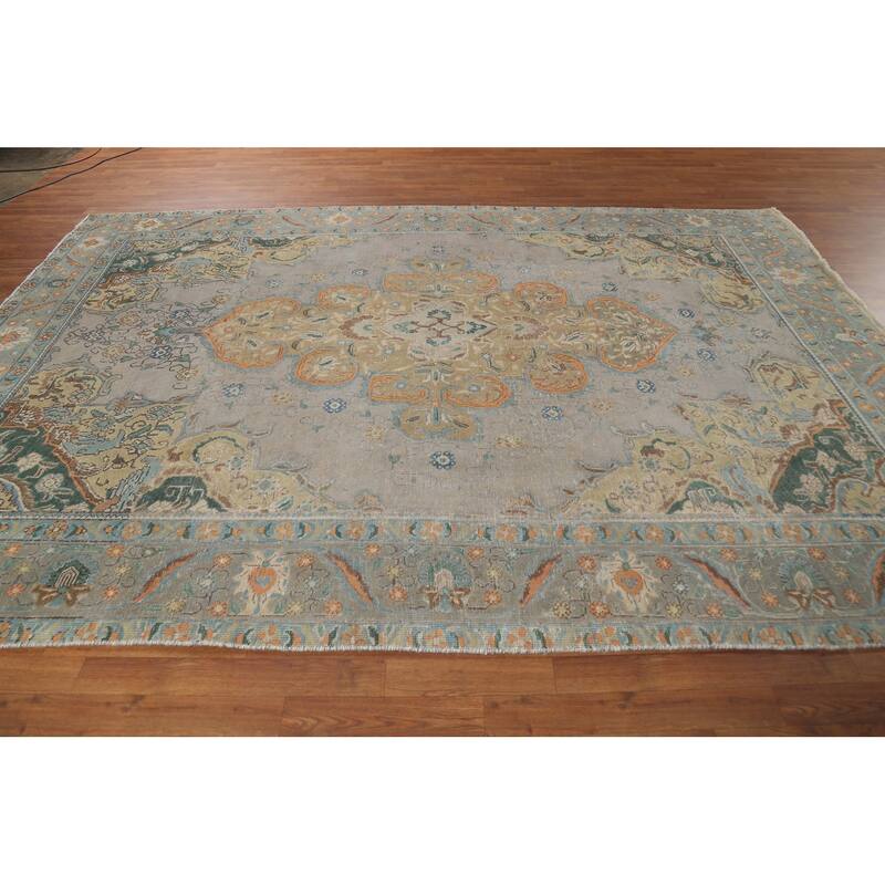Geometric Tabriz Persian Vintage Area Rug Hand-Knotted Wool Carpet - 7'11"x 11'3"