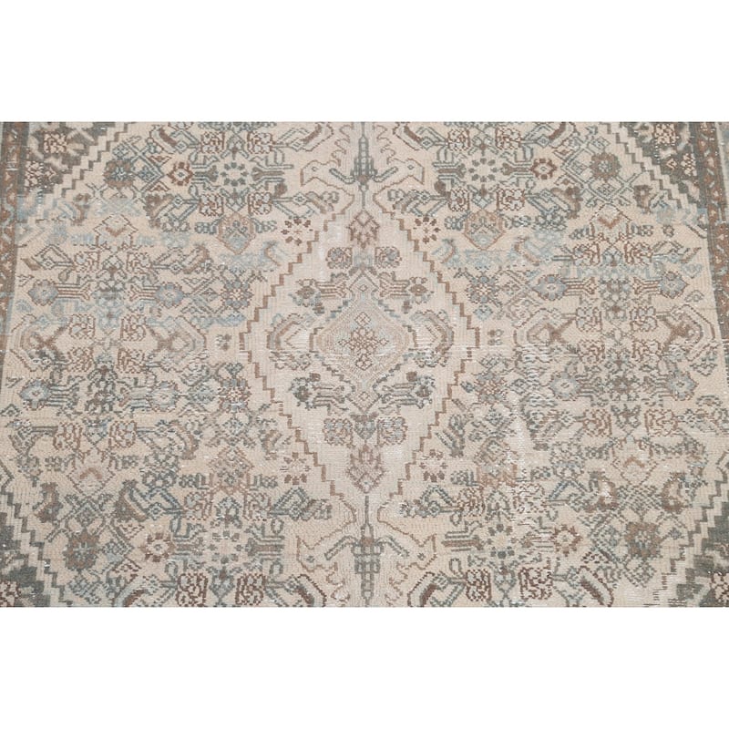 Distressed Geometric Hamedan Persian Area Rug Wool Handmade Carpet - 6'8" x 9'11"