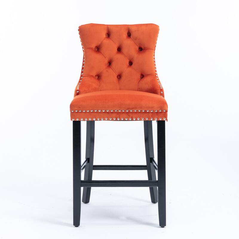 Set of 2 Contemporary Velvet Bar Stools with Button Tufting, Wood Legs & Chrome Nailhead Trim - Orange