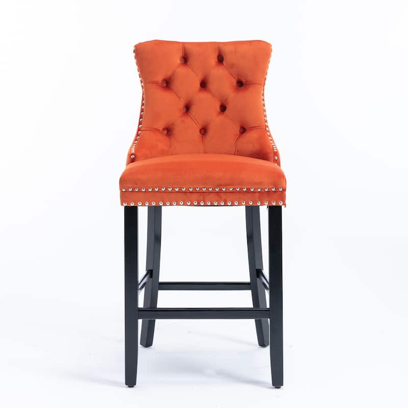Velvet Bar Chairs Set of 2, Counter Height Bar Stools with Button Decor and Nailhead Trim, Dining Room Chairs with Back
