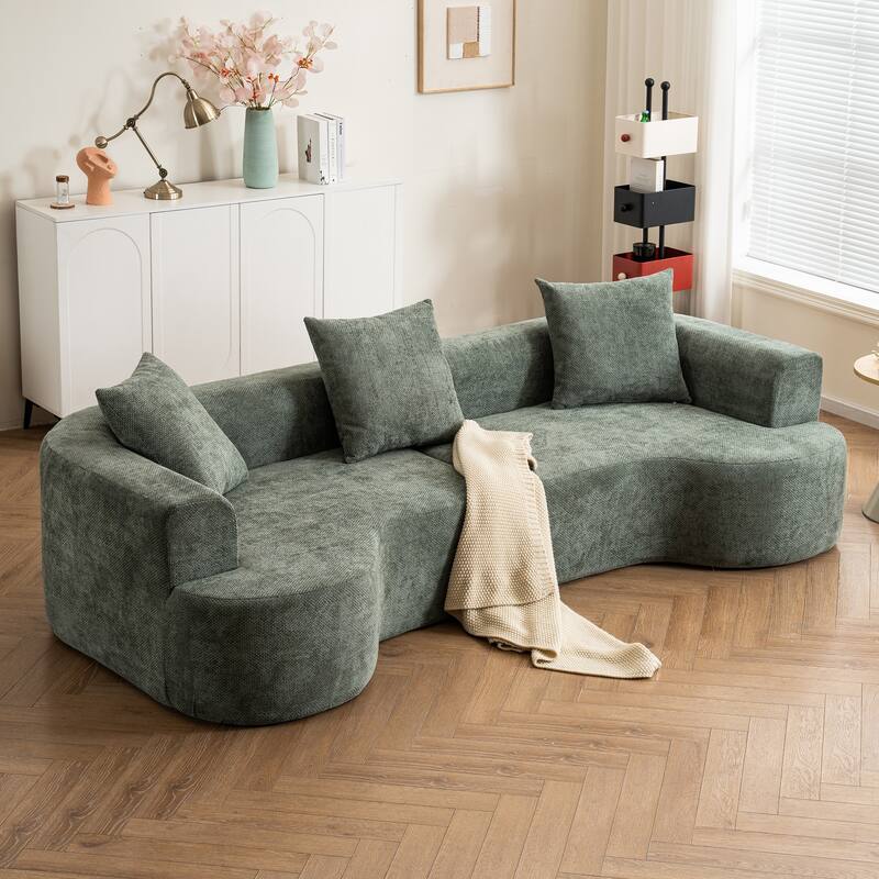 Curved Loveseat Sofa Corduroy Upholstered Couch with 3 Pillows for Living Room, Floor U-shape Settee Cloud Chaise Lounge