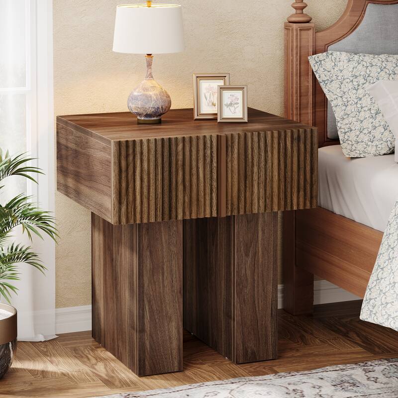 Modern Nightstand, Fluted Night Stand with Storage Drawer for Bedroom, Living Room - 1-Piece