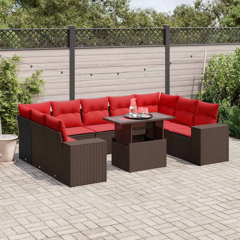 vidaXL Patio Sofa Set with Cushions Table and Couches 10 Piece Poly Rattan - Brown - 24.4" x 24.4" x 27.2"