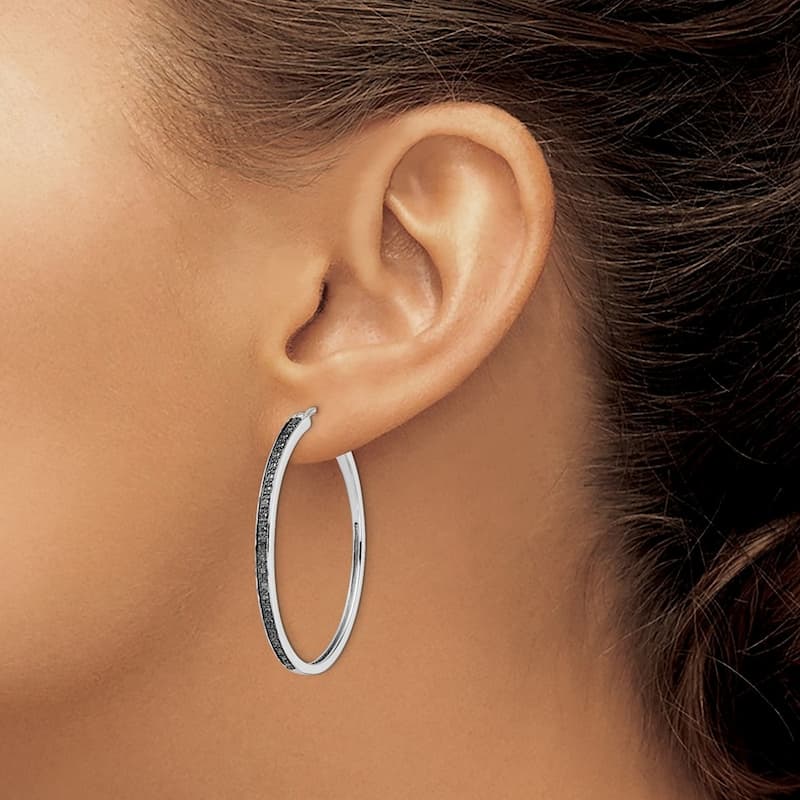 Curata 925 Sterling Silver 40x2mm Black Diamond Hoop Earrings