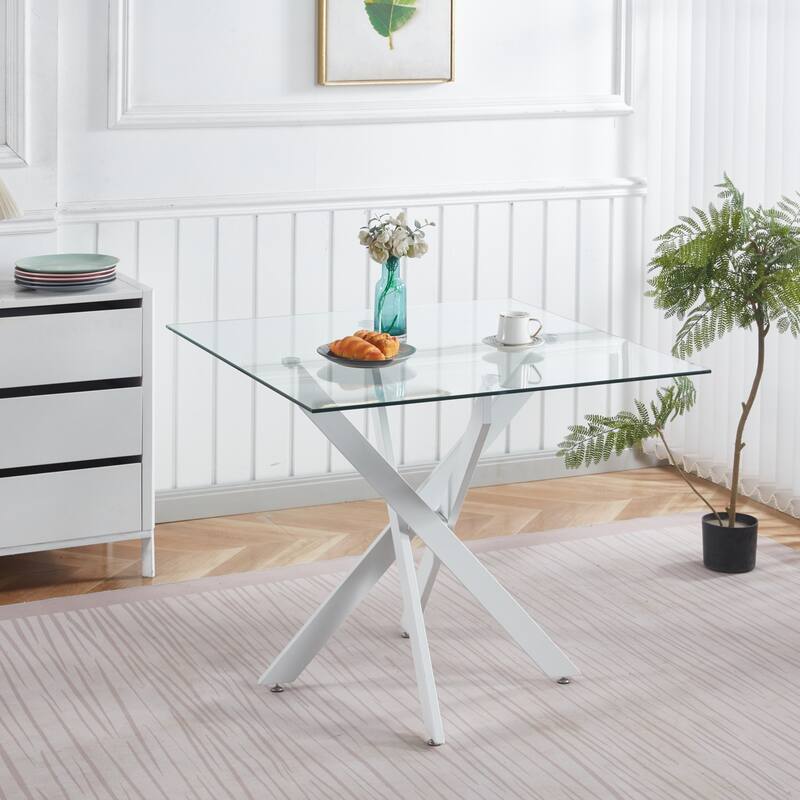 35.4"L Square Dining Table with Metal Cross Leg - White