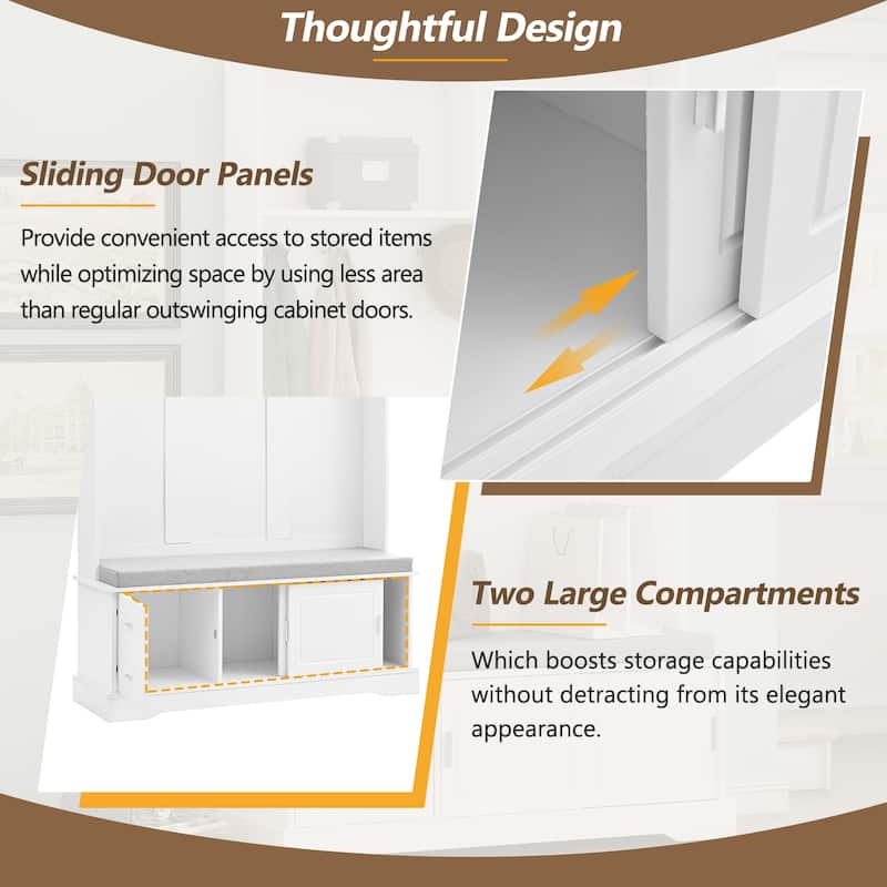 Entryway 3-in-1 Hall Tree with Storage Bench & Sliding Doors, Shoe Cabinet Coat Rack with Cushioned Seat & Anti-Tip