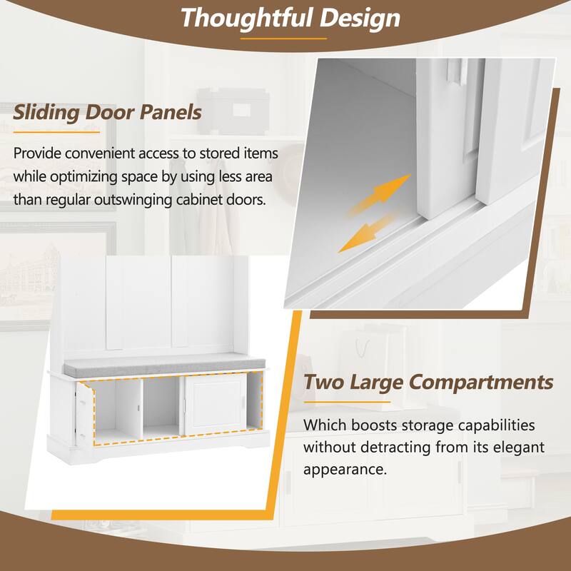 Hall Tree with Sliding Doors, Versatile Coat Rack with 6 Hooks & Handles, Mudroom Upholstered Bench Cabinet w/ Shoe Storag