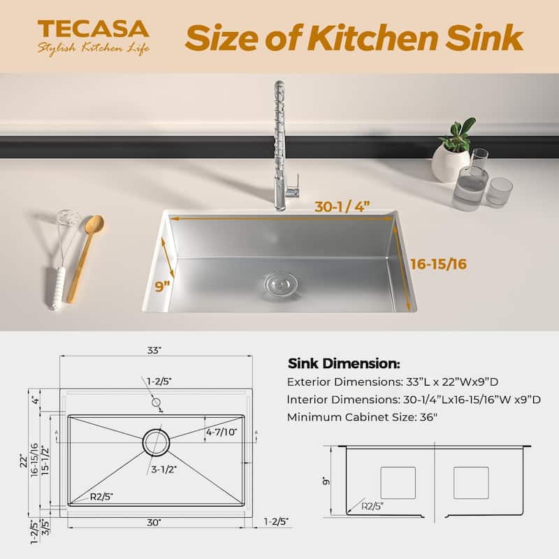 TECASA OKC33 Dual Mount 33 in Kitchen Sink with Faucet T304 - 33"x 22"
