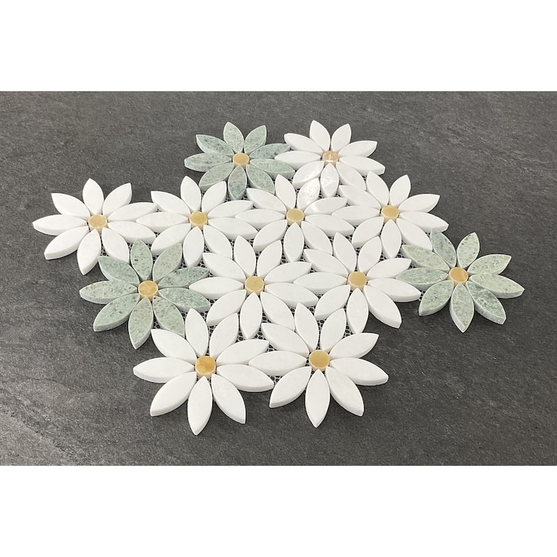 Natural Marble Daisy Flower Pattern Mosaic Wall & Floor Tile - 1 Case (10 Sheets)