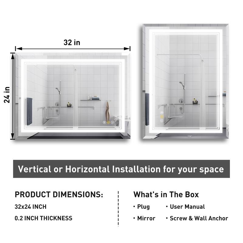 RS Rectangular Wall Mount Vanity Mirror with Lights for Bathroom, 3 Colors Dimmable LED, Anti-Fog, Memory Function