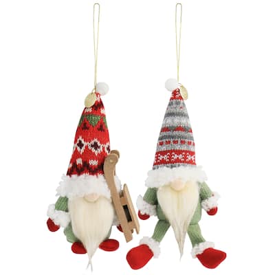 Martha Stewart Holiday Plush Gnome 2 Piece Ornament Set Green and Red