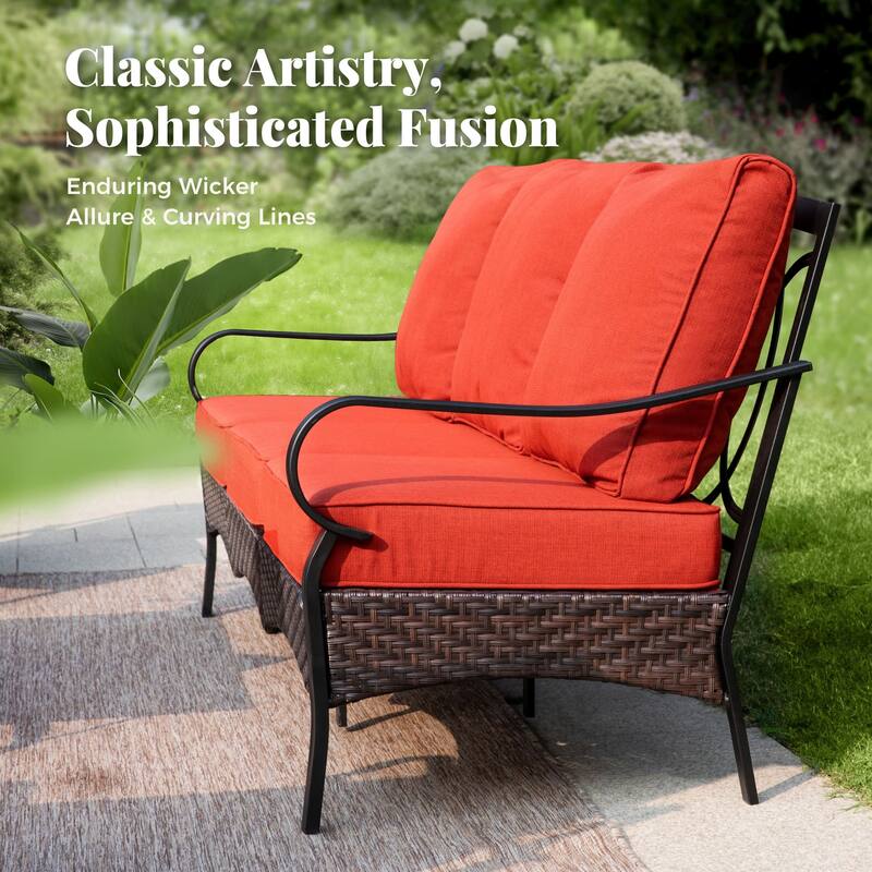 MAISON ARTS Patio Furniture Set with 56" Fire Pit Table, Deep Seating Sofa & Swivel, Rocking, and Fixed Chairs (5 Seats, Beige)