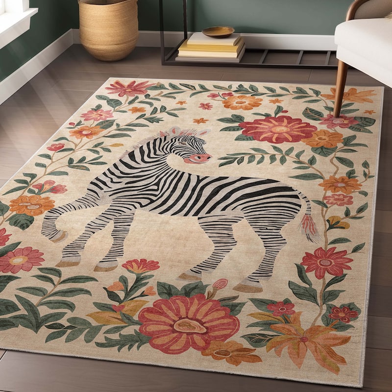 Well Woven Apollo Zebra Floral Animal Print Modern Flat Pile Area Rug
