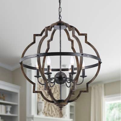 6-Light Distressed Black and Brushed Wood Lantern Geometric Chandelier