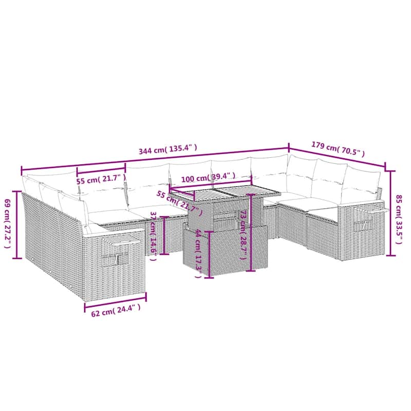 vidaXL Patio Sofa Set with Cushions Outdoor Furniture 11 Piece Poly Rattan - 21.7 x 39.4 x 28.7 in