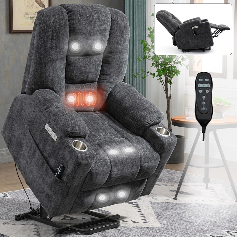 Modern Power Lift Recliner Chair Heat Massage Chair Upholstery Single Sofa with Dual USB Ports and Cup Holders - Grey