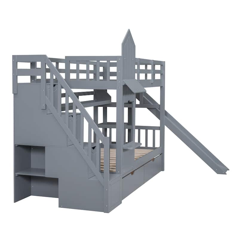 Merax Castle Style Bunk Bed with 2 Drawers 3 Shelves and Slide