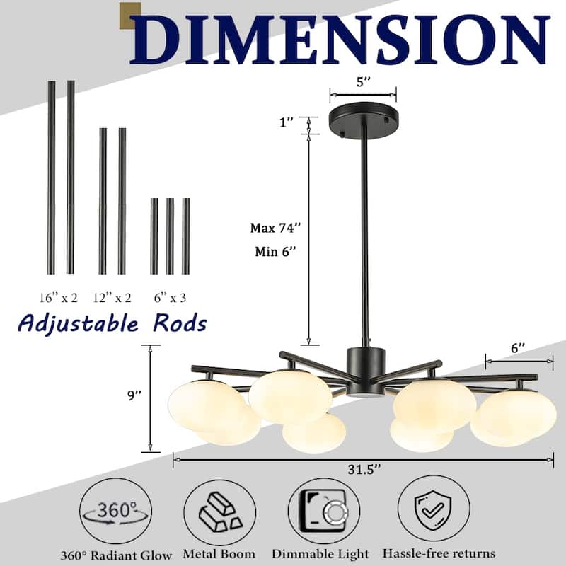 8-Light 32'' Mid Century Modern Opal Glass Chandelier Classic Globe Pendant Light For Dining Room Living Room - W32''