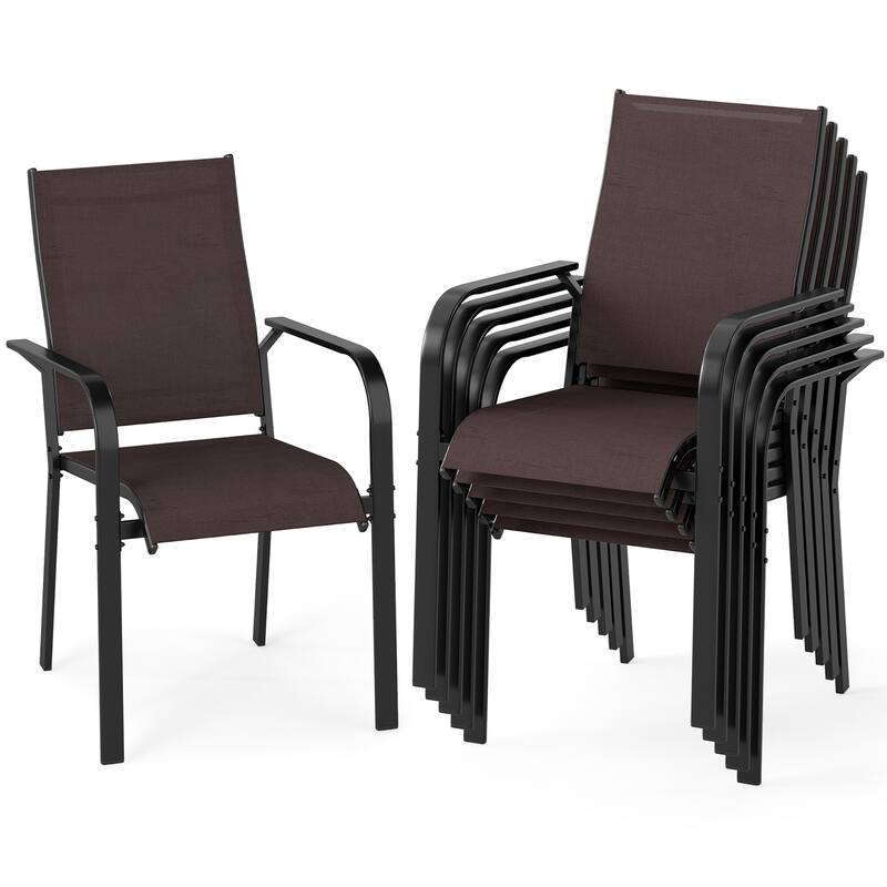 Gymax Patio Dining Chairs Set of 6 Stackable Outdoor Armchairs w/Metal - Brown
