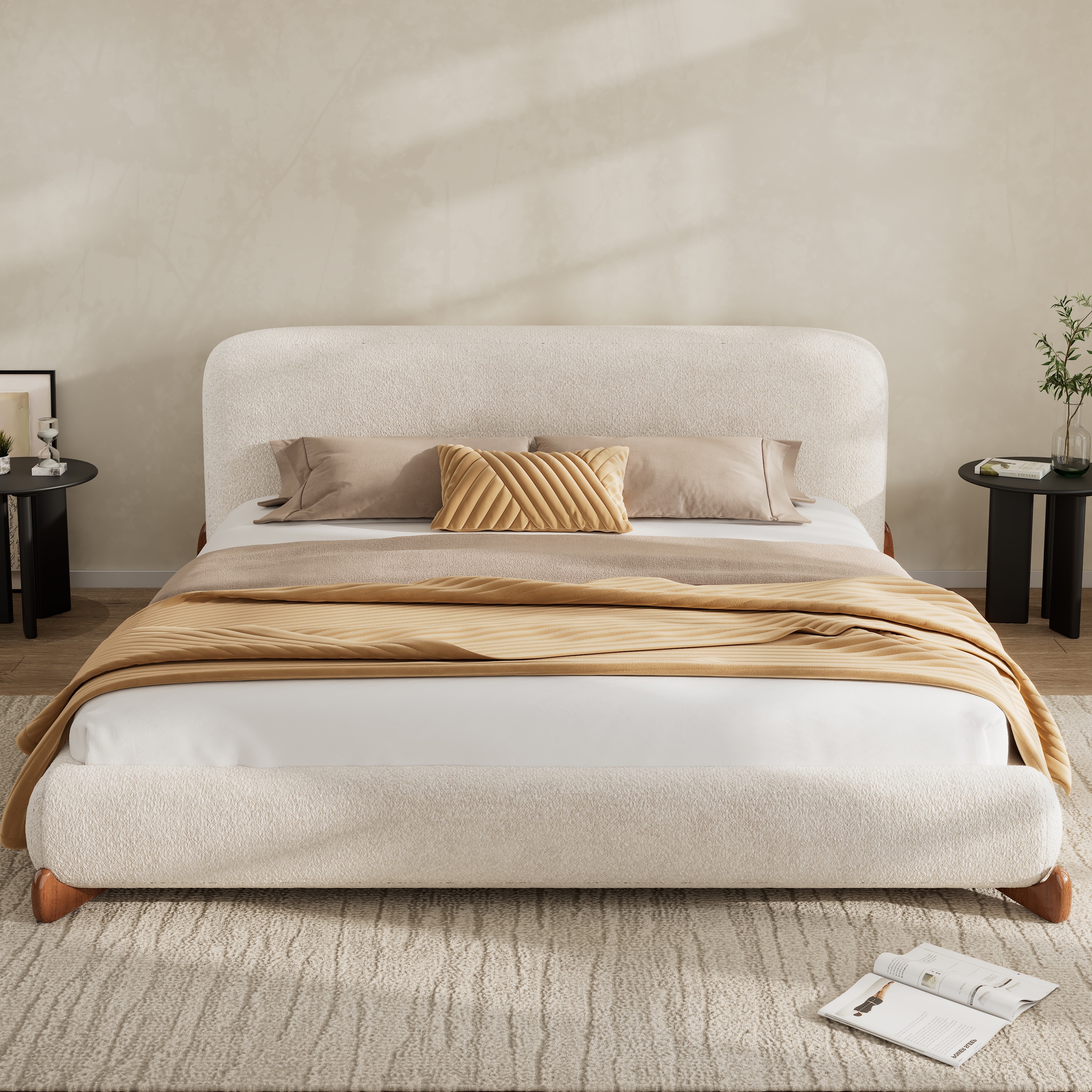 King/Queen Upholstered Platform Bed with Boucle Headboard & Solid Wood Legs