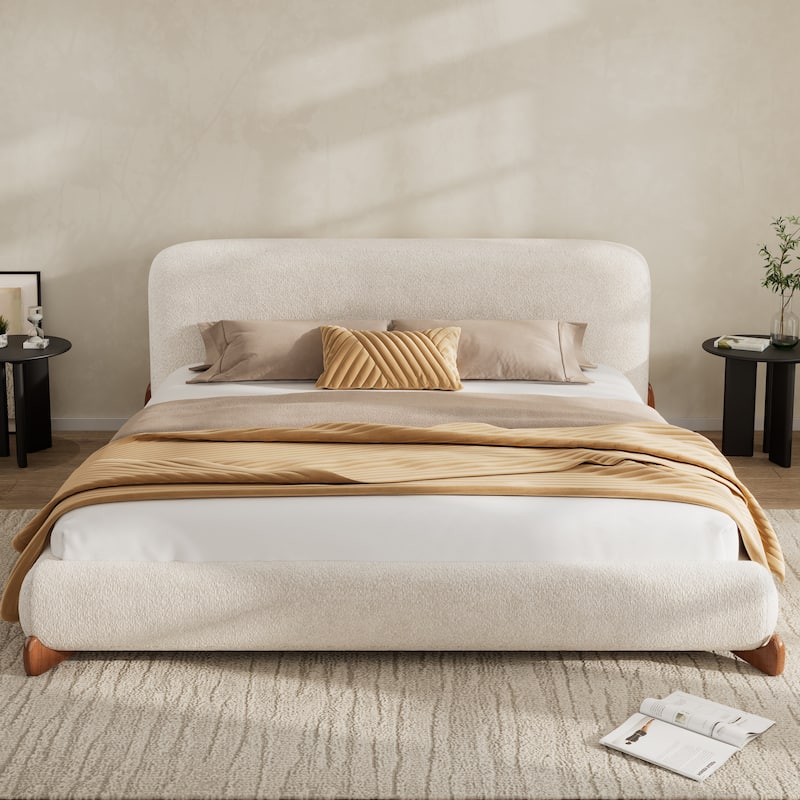 White Upholstered Low-Profile Platform Bed with Boucle Thick Headboard, Solid Wood Legs Grounded Bed Frame, Floor Bed
