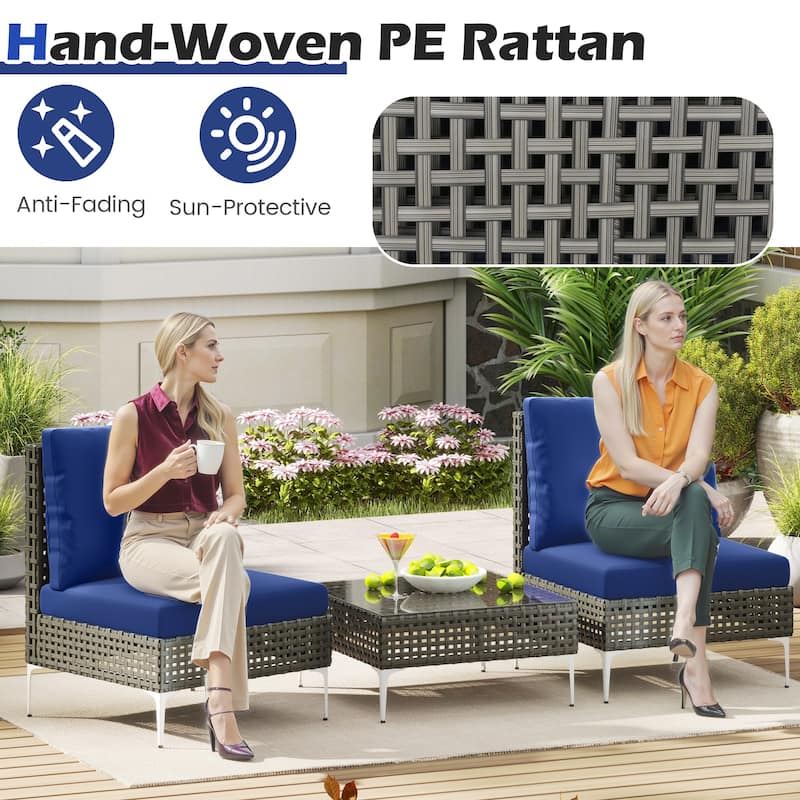 3 Piece Grey Rattan Conversation Chair Patio Set with Blue Cushions Metal Frame and Glass Table - Chair: 26" × 24" × 26"