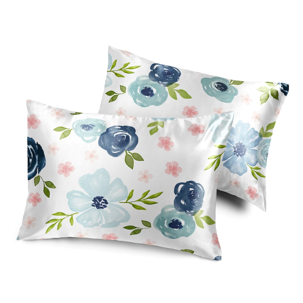 Sweet Jojo Designs Navy Blue Boho Floral Girl Decorative Satin Pillowcases - 2 Pack Set - Bohemian, Shabby Chic Watercolor, Rose