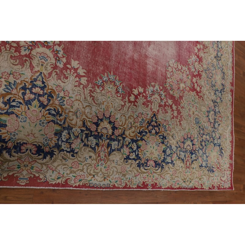 Distressed Pink Kerman Persian Antique Area Rug Handmade Wool Carpet - 9'9" x 13'3"