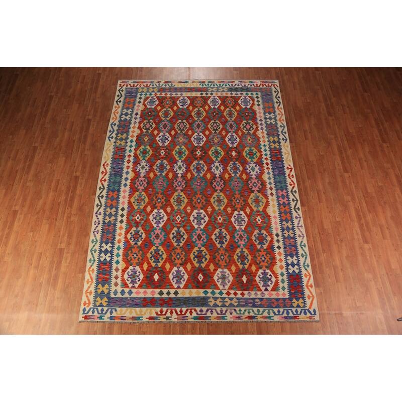All-Over Geometric Kilim Oriental Area Rug Hand-Woven Wool Carpet - 8'5"x 11'11"