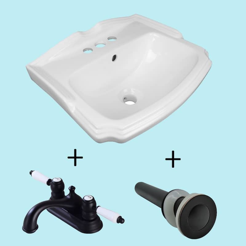 White Small Wall Mount Sink with 4" Center Set Faucet Classic Black and Black Drain with Overflow