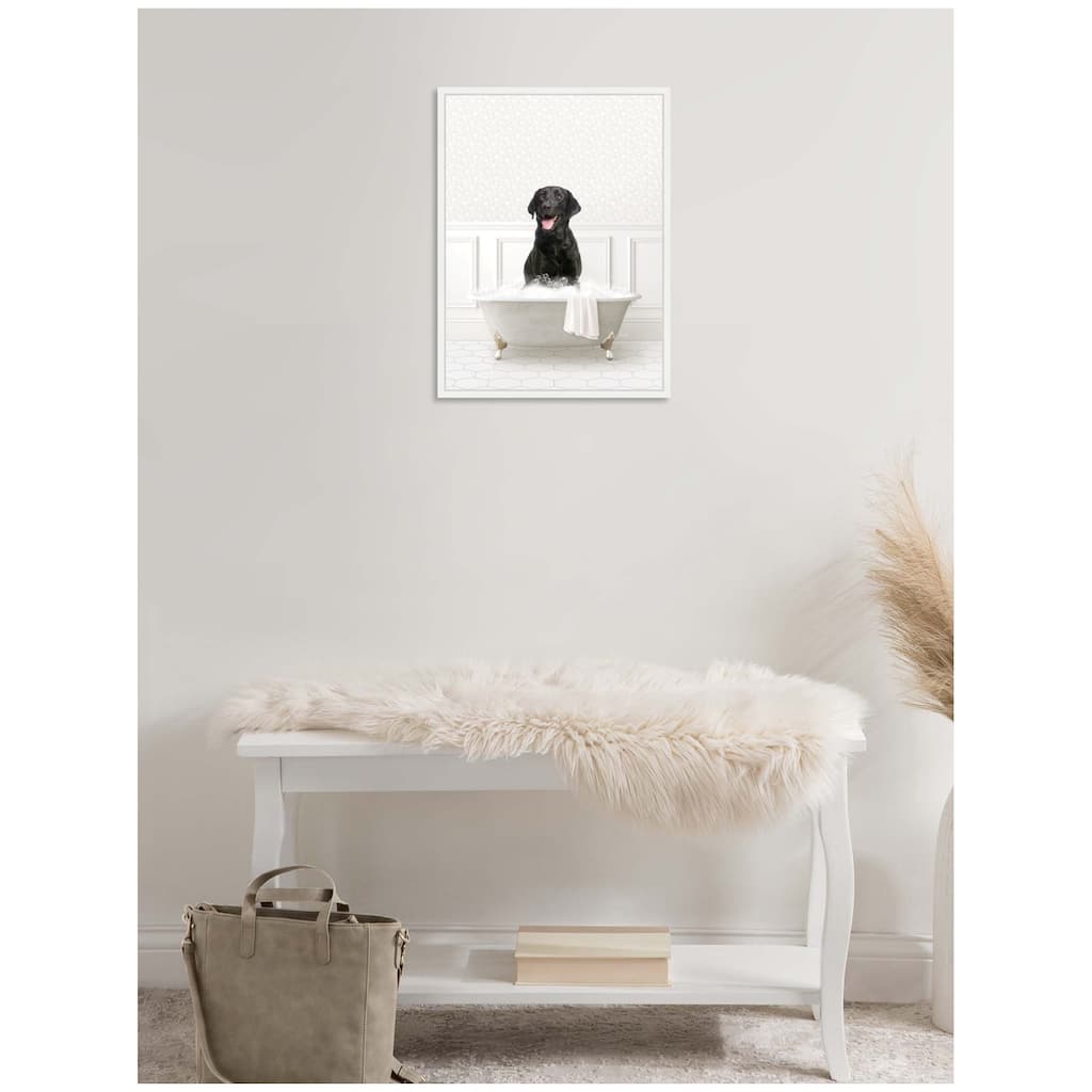 Kate and Laurel Sylvie Black Lab in White Bathtub Framed Canvas by Amy Peterson