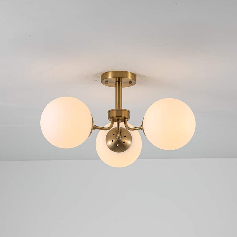23.2" W 3-Light Bohemian Farmhouse Gold/White Sputnik Frosted Opal Bubble Glass Semi-Flush Mount Ceiling Light - Gold/White - 22 in. W x 7.1 in. H x 22 in. D