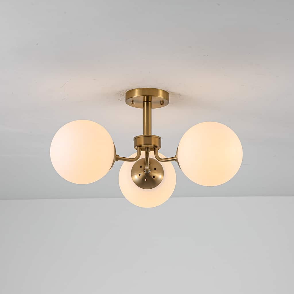 23.2" W 3-Light Bohemian Farmhouse Gold/White Sputnik Frosted Opal Bubble Glass Semi-Flush Mount Ceiling Light
