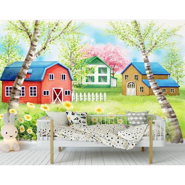 Kids Garden Colorful House Drawing Oil Painting Textile Wallpaper Overstock 32588176